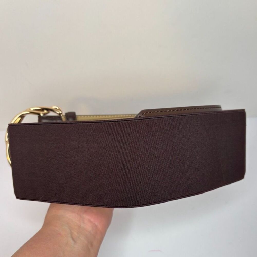 Anne Klein Wide Brown Leather Gold Buckle Belt Adjustable Shiny Womens - Picture 2 of 5